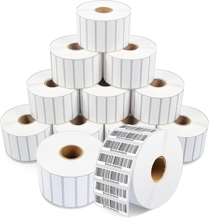 Aegis Adhesives - 2" X 1/2" Direct Thermal Labels (12 Rolls, 2400 Labels/Roll) for Barcodes, Return Address, File Folders - Perforated, Compatible with Rollo, Zebra, and Other Desktop Label Printers
