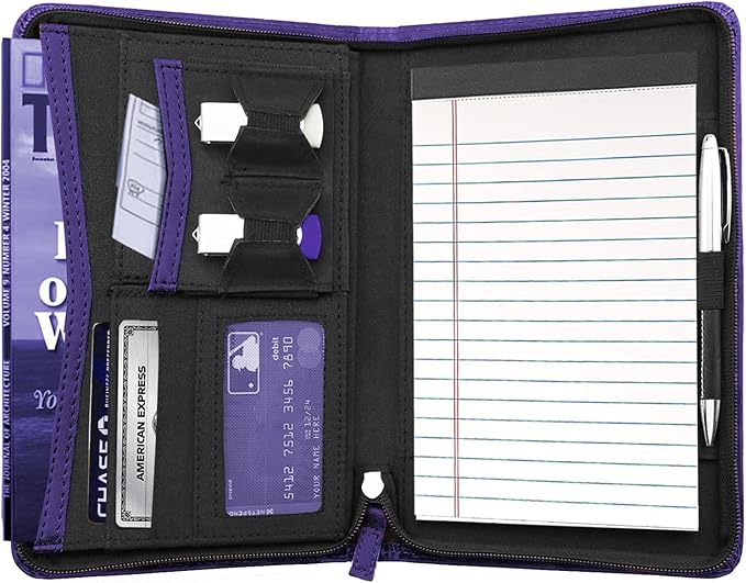 Junior Padfolio/Resume Portfolio Binder with Refillable Lined Notepad, A5 Padfolio Folder, Business Portfolio, Multi-Function Case, A5 Writing Pad Included,Dark Purple