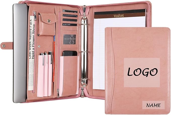 Pink Leather Padfolio for Women, Business Leather Binder 3 Ring Portfolio, Personalzied Leather Portfolio Binder (Pink, Custom)