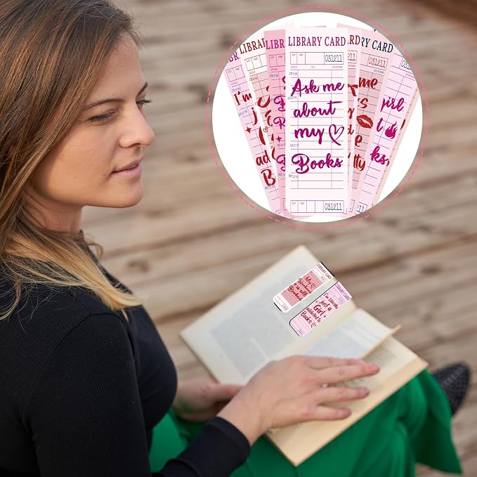 Library Card Magnetic Bookmarks Gifts - Wxiben 30 Pcs Fully Vintage Paper Bookmark Pink Retro Quotes Book Page Magnet Markers Clips for Women Book Lovers Reading Office Bookish Party Favors