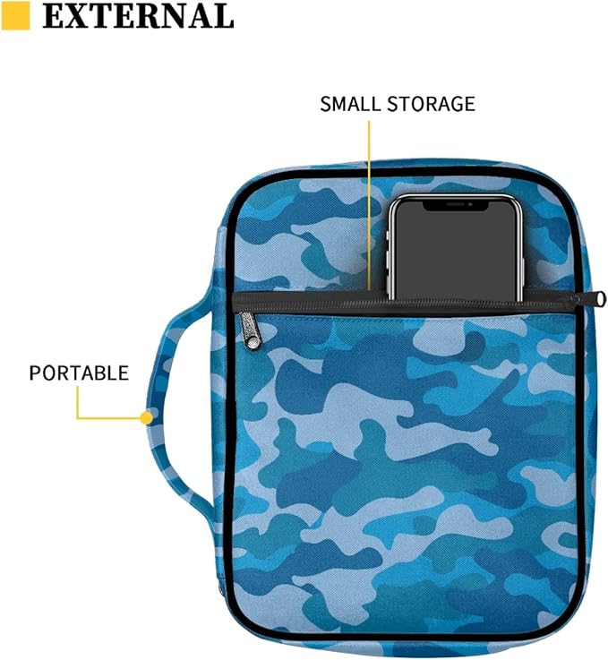 Coldinair Blue Camo Print Bible Cover for Men,Carrying Book Case Church Bag Bible Holder Protector with Handle and Zipper Pocket