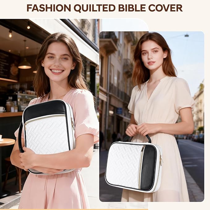 Bible Cover Case for Women, Quilted Large PU Leather Bible Carrying Book Case with Handle, Bible Bag Study Supplies Bible Carrier & Christian Gift for Women (Black and White)
