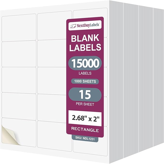 NextDayLabels 2.69x2 Inch Rectangle Stickers White Blank Labels for Laser Inkjet Printer - 15 Per Sheet Self-Adhesive Shipping Name Tags Product Made in USA - 15,000 Labels