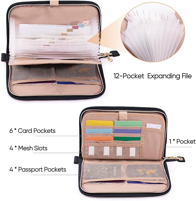 Receipt Organizer with 12 Pockets 10x6 Receipt Holder Organizer - Small Accordion File Organizers - Cash Organizers for Travel, Business, Gift