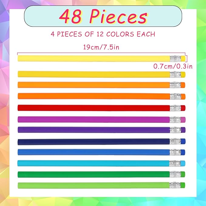 Whaline 48Pcs Colorful Pencils with Erasers Christmas Rainbow Color Wooden Pencil Unsharpened Writing Drawing Pencil for Xmas Party Supplies Stocking Stuffer Students Graduation Office Stationery Gift