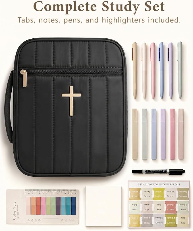 Wuflyover Bible Bag for Women with Study Set, Quilted Bible Cover Case with Handle, Bible Carrying Case for Church, Tabs, Notes, Pens and Highlighters, (Black+Study Accessories)