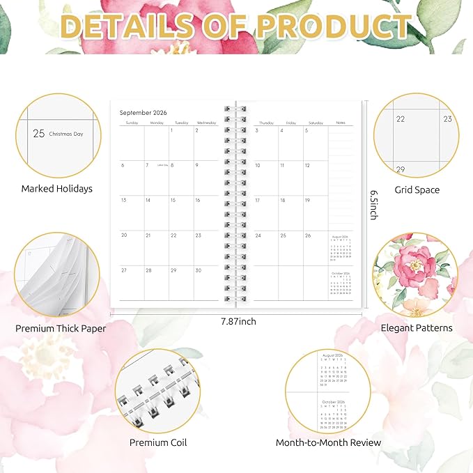 Pocket Calendar 2026-2027, Floral Small Planner -3.7" x 6.7" for Purse, Runs from January 2026 Until December 2027, Monthly Planner 2026-2027 with Coil Organizing & Planning