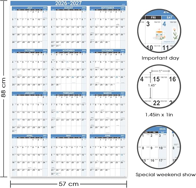 2026-2027 Wall Calendar - 2026-2027 Yearly Wall Calendar, July 2026 - June 2027, Calendar 26-27, 34.8" x 22.8"(Open), One Page Vertical with Round Stickers, Gift Pocket - Haze Blue