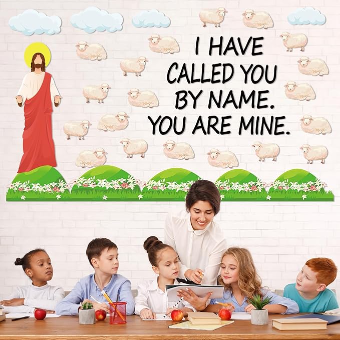 Christian Jesus Bulletin Board Set Religious Classroom Decorations I Have Called You By Name Bulletin Board Sheep Paper Cutouts for Sunday School VBS Home Church Chalkboard Door Wall Decor
