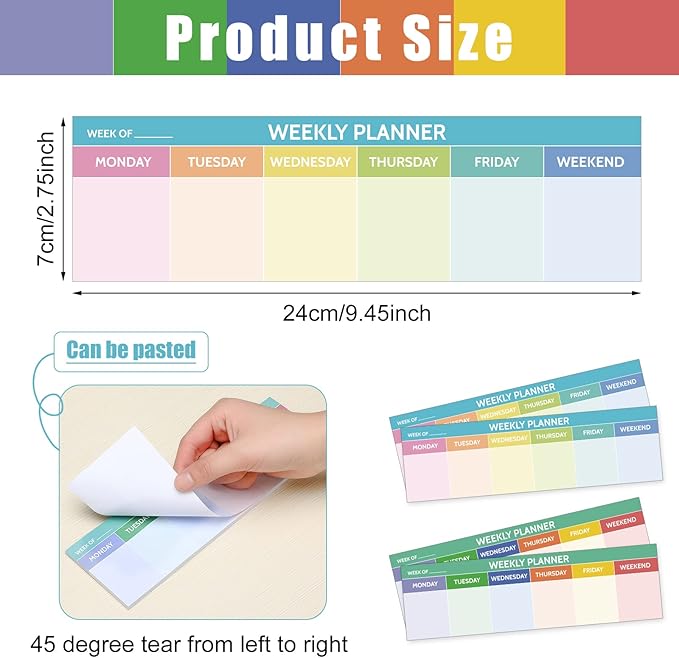 200 Sheets Horizontal Weekly Planner Sticky Notepad 2.8 x 9.5 Inch Adhesive Weekly Schedule Pad to Do List Notepad Weekly Calendar Pad for Planner Reminder Studying Office School Supplies (Colorful)