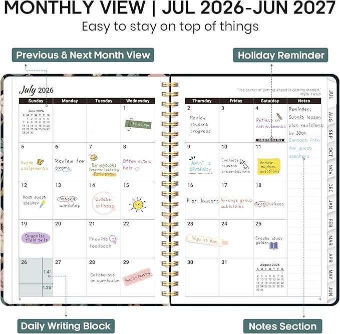 Academic Planner 2026-2027, Weekly and Monthly Calendar Book, July 2026 – June 2027, Hardcover Planner with Tabs, Perfect for Teachers, Students, Women & Men, A5 (6.4" x 8.5") - Evening Petals