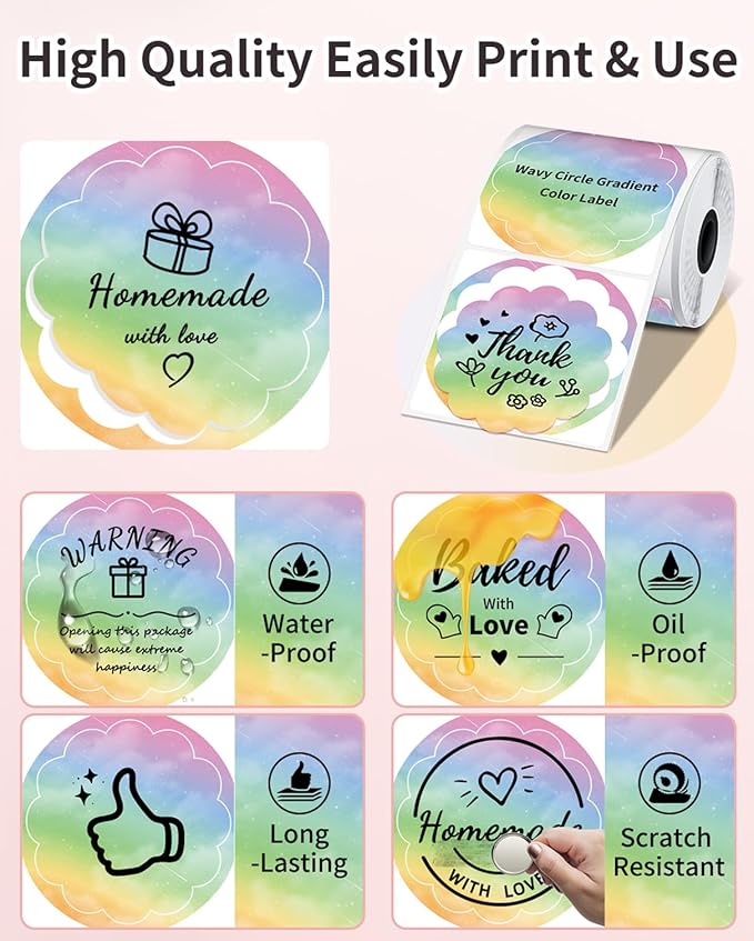 Phomemo Wavy Circle Thermal Label, Gradient Rainbow Purple Sticker Label for M110/M100/M220/M250/M108 Label Makers, 1.96" x 1.96" (50x50 mm), for Barcode/Address/Mailing/Logo/Business/Home