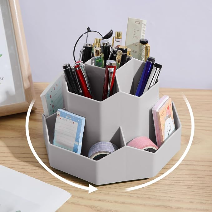 INSTOME Desktop Organizer with Pencil Holders,360°Rotating Pen Holder for Desk Organizer,9 Compartments and Makeup Brush Holders,Multifunctional Office Supplies for Home,Teachers and School (Gray)