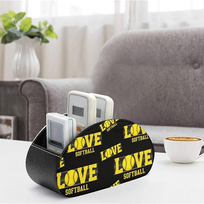 Remote Control Storage Box with 5 Compartments, PU Leather Organizer for Media Players, TV Remotes, and Office Desk, Love Sports Softball