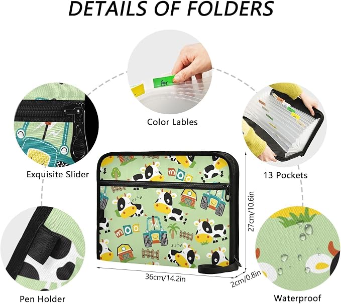 Funny Cow Farming Element File Folders,Plastic Folders with 13 Pockets,Expandable File Folder for Documents School Students Office,Aesthetic Folder with Labels A4 Letter Size