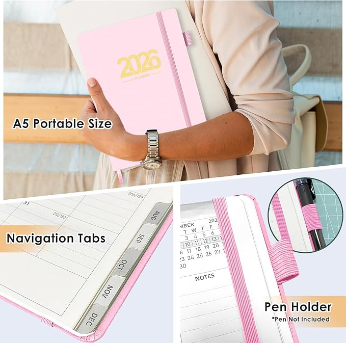 TIIKKASI 2026 Calendar Year Planner Weekly Monthly (Jan - Dec) 6'' x 8.5'' - 2 Pages Per Week - Lined Journal Notebook Minimalist Agenda Notes, Linen Cloth Book Bound Hard Cover, Pink