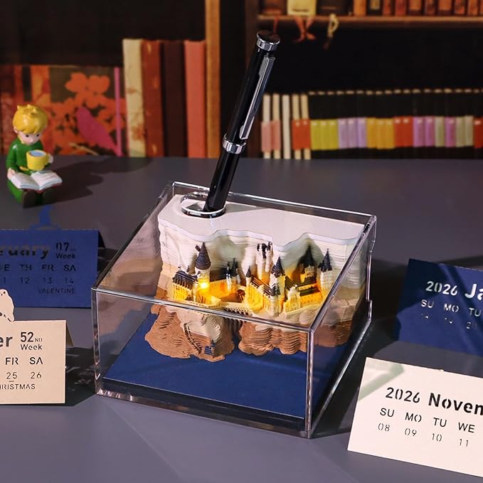 3D Calendar 2026 with Memo Pad Notepad, Timepiece 2026 Planner, Tear-Away 3D Artsy Pads, Creative Perpetual Organizer, Ideal New Year Gift for Office & Home (With Weekly Calendar & Light-Buttery Not Included)