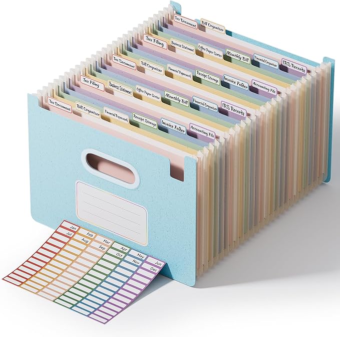 ThinkTex 26-Pocket Accordion File Organizer, Upright Open Top, Monthly Tabs, High Capacity Wheat Straw Expanding File Folder, Fits Letter A4 & Manila Folders for School Home Office- Sky Blue