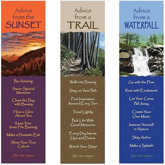 Advice 3 Bookmark Hiking Set, Laminated with Glossy Finish, Printed on Recycled Paper, Sunset, Trail, Waterfall (AMBM-Hike)