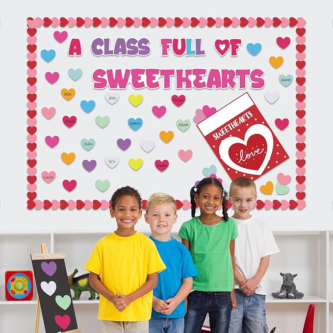 Valentine's Day Bulletin Board Set Valentine's Love Heart Classroom Decoration A Class Full Of Sweethearts Themed Cut-Outs Red Pink Colorful Hearts Bulletin Border for School Craft Projects Wall Decor