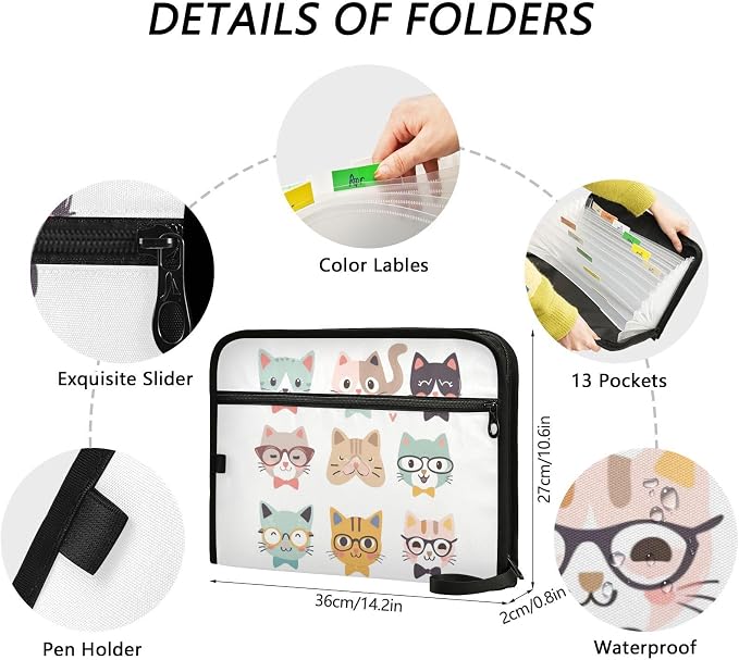 Funny Cats Expanding Accordion File Folder with 13 Pockets and Zipper Closure
