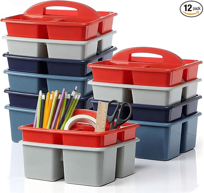 Kathfly 12 Pack Classroom Caddy Organizer with Handle, Plastic Art Craft Cleaning Caddy Bulk, Small Multipurpose Supply Organization Storage Basket for Table Desk Office Pencil Teacher (Blue Red)