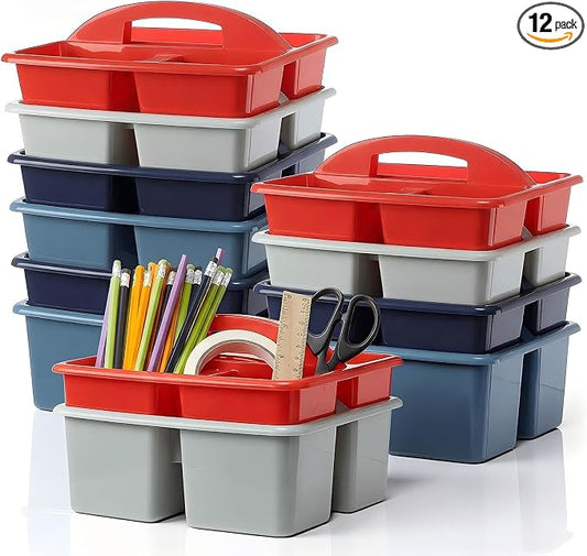 Kathfly 12 Pack Classroom Caddy Organizer with Handle, Plastic Art Craft Cleaning Caddy Bulk, Small Multipurpose Supply Organization Storage Basket for Table Desk Office Pencil Teacher (Blue Red)