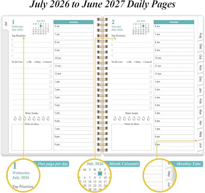 2026-2027 Daily & Monthly Planner - One Page Per Day, Daily Planner 2026-2027 from July 2026 to June 2027, Planner 26-27 with 12 Monthly Tabs, 6.4" x 8.5", Flower-B