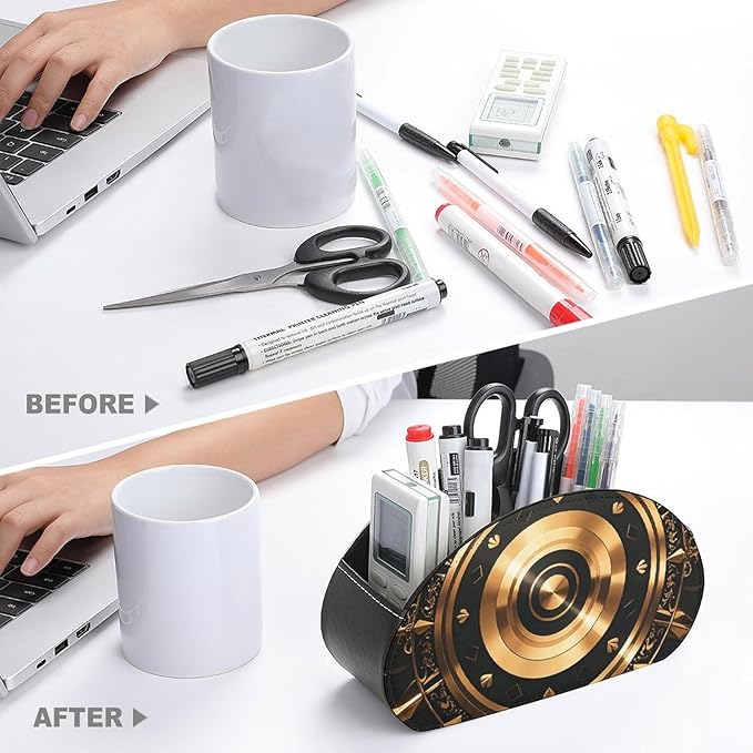 Gold Black Wallpaper Remote Control Holder PU Leather Remote Caddy TV Remote Storage Box with 5 Compartments Pencil Storage Box Makeup Brush Holder Office Supplies