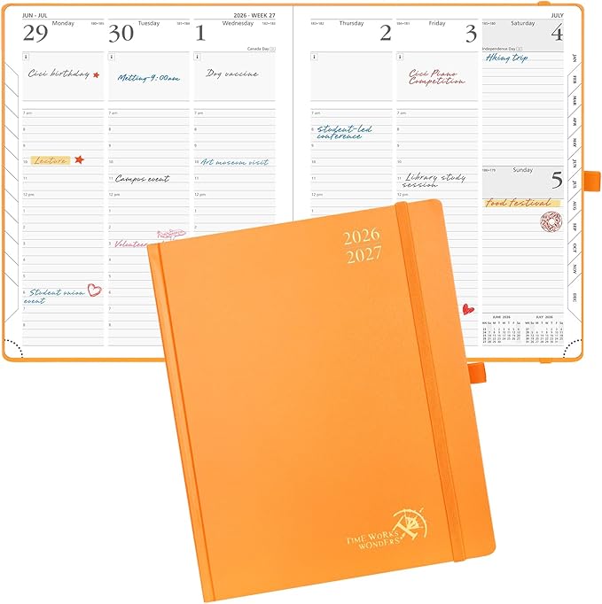 POPRUN 2026-2027 Academic Planner, Large Size 8.5" x 10.5", Weekly and Monthly Calendar, July 2026 to June 2027, Hardcover Appointment Book with Verital Layout, Hourly Time Slots, Monthly Tabs - Orange