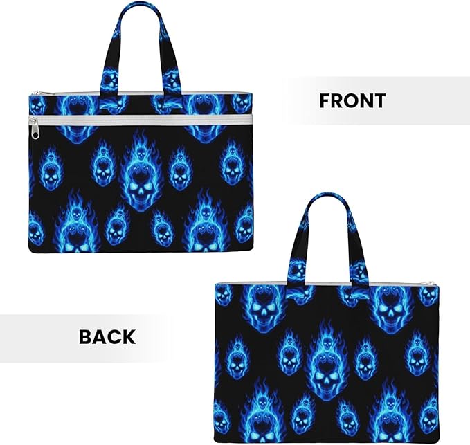 Business Document Handbag Blue Fire Flame Skull Art, Zippered Canvas File Bag with Handle for Office Meetings and Travel