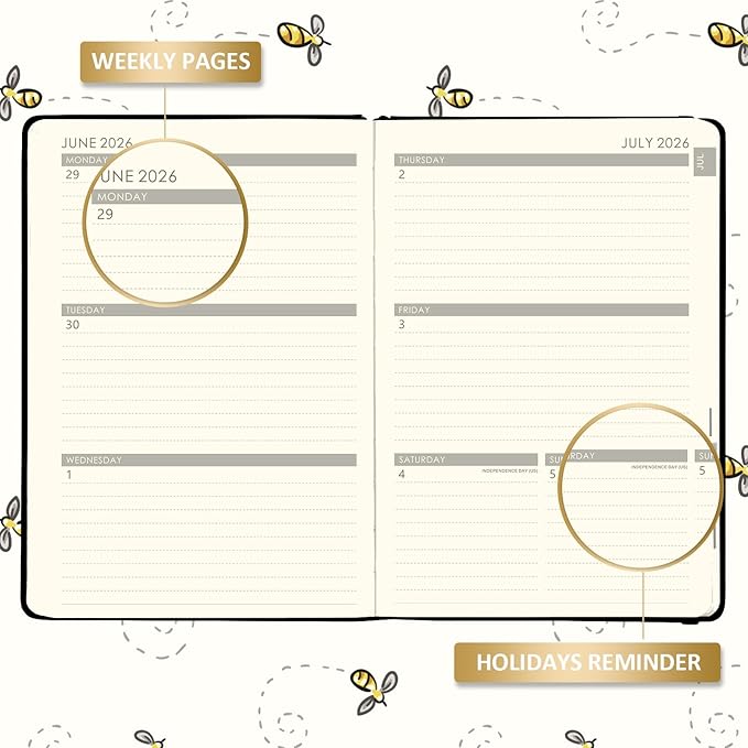 2026-2027 Planner - Planner 2026-2027 Weekly and Monthly with Calendar Stickers, JUL 2026 - JUN 2027, 5.75" x 8.25", Saffiano Leather, Pen Loop, Back Pocket - Black Bee