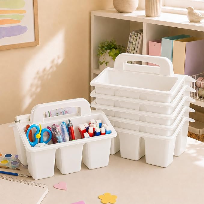 gisgfim 8 Pack Classroom Caddy Storage Basket with Handle 4 Compartment Storage Caddy Plastic Arts Crafts Caddies Protable Classroom Craft Caddies for Kids Schools Art Craft Supplies(White)