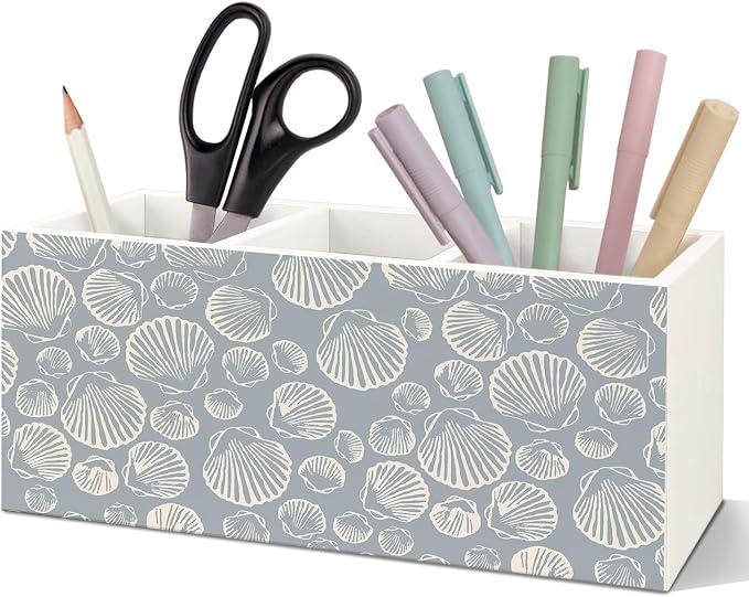 SNNDER Coastal Seashell Pen Holder for Desk, Beach Office Decor, Gifts for a Beach Lover, Coastal Beach Wooden Pen Pencil Holder Organizer for Home Office Desk Accessories