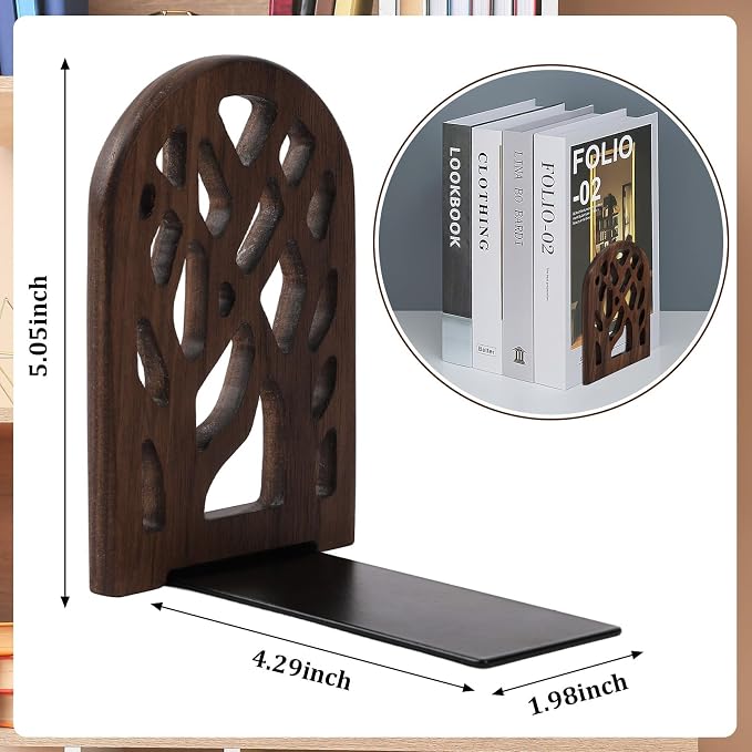 2 Pieces Wood Tree Book Ends for Shelves, Non-Skid Bookends Large Heavy Duty Bookend Book Holders for Heavy Books Decorative Book Accessories to Hold Books Firmly on Bookshelf