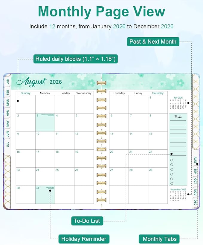 2026 Weekly and Monthly Planner - 2026 Hardcover Calendar Planner, Jan. 2026 - Dec. 2026, Daily Agenda Book with Tabs, Twin-Wire Binding, Back Pocket, School Teacher Student Supplies, A5(6.3" x 8.5") (Flower)