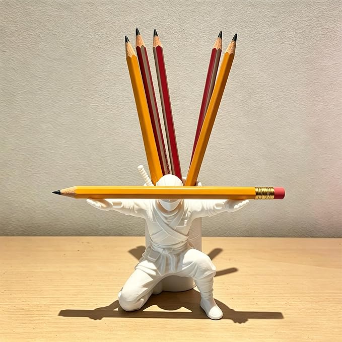 Ninja Pen Holder Desk Organizer–Unique Pen Stand, 3D Printed Cool Desk Decor Office Accessories for Men Women (White)
