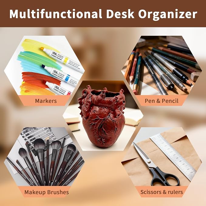 Anatomical Heart Pencil Holder, Resin Organ-Shaped Pen Cup Desk Organizer Decor, Makeup Brush Holder, Compact Desk Accessories Gift, Pen Holder for School, Office(RED)