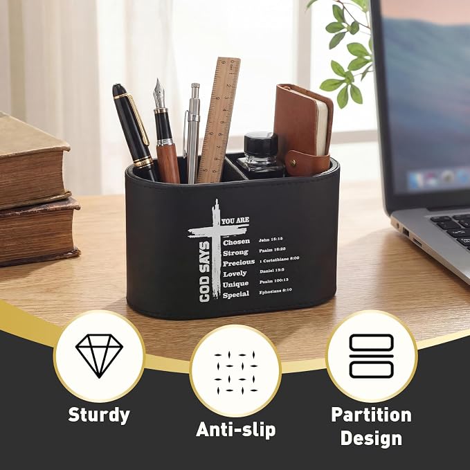 Dunzoom Gift for Father's Day Christian PU Leather Pen Holder for Desk, Bible Verse Pencil Cup Organizer, Religious Gift for Men, Pastor, Dad, Office Decor(God Says You Are Chosen)