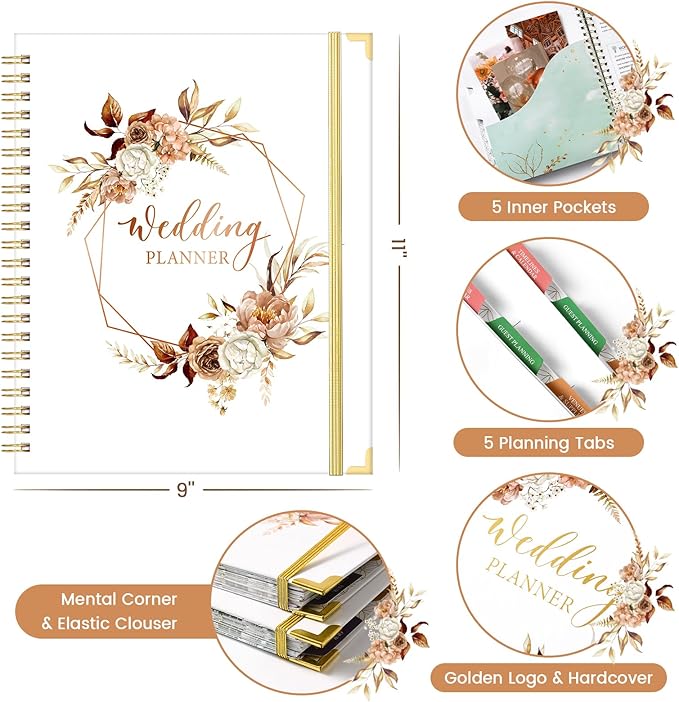 Wedding Planner Book and Organizer for the Bride - Planning With Tabbed Sections, 8.5" x 11", Hardcover, Metal Corner, 5 Inner Pockets, Sticker