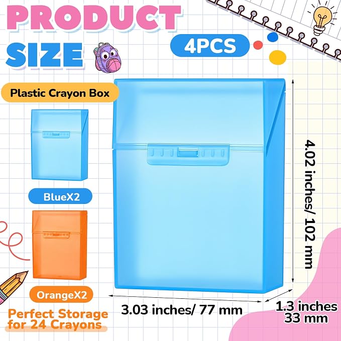 Clabby 4 Pcs Plastic Crayon Organizer Case for 24 Count Crayons Kids Art Supply Storage Box with Lid, Portable Holder for Classroom Home Travel, Fits Standard 24-Pack Crayon (Blue,Orange)