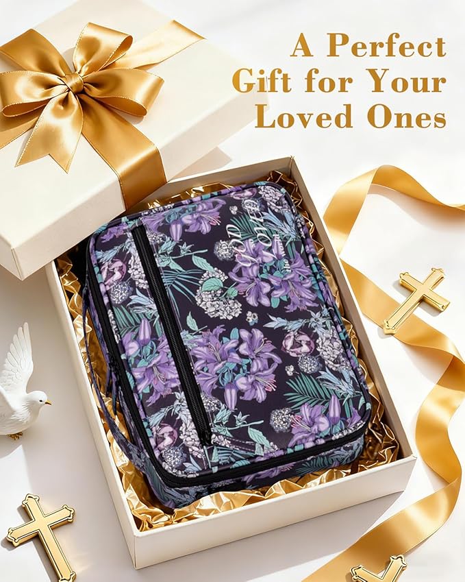 Bible Cover for Women, Large Vegan Leather Bible Case with Shoulder Strap, Mothers Day Christian Gifts for Mom & Wife, Planner Case (Purple)