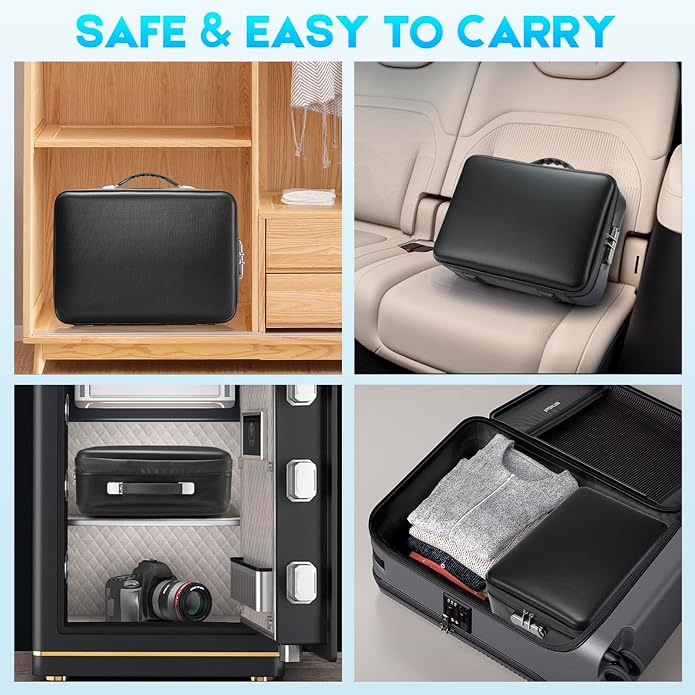 SEEKIND Fireproof Document Box with Lock, Hard-Shell Case File Organizer with Accordion File Folder, Multi-Layer Portable Home Office Travel Safe Box for Important Documents& Valuables (Black)
