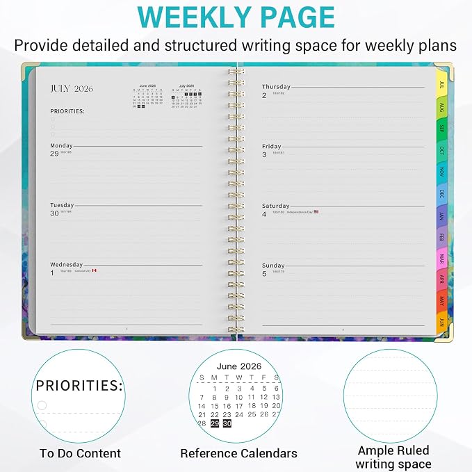 Planner 2026-2027, A4 Hardcover Weekly and Monthly Calendar Planner from July 2026 - June 2027, 8.5" x 11" Daily Agenda with Monthly Tabs, Spiral Bound, Inner Pocket, Cute Journal Organizer Notebook for Office School-Purple Oil Painting