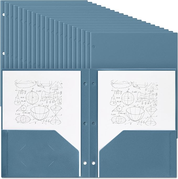 Yeaqee 100 Pcs Plastic Folders with Pockets Bulk 3 Hole Punched 2 Pocket File Folders for 3 Ring Binder Divider Folder for Notebooks, Durable Poly for Office Home (Blue Gray)
