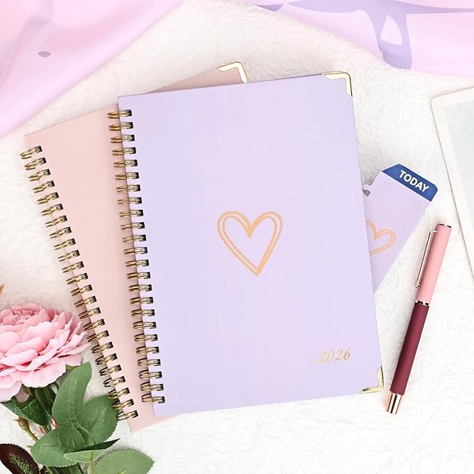 2026 Planner, Jan.2026 - Dec.2026 Weekly Monthly Planner 6.25"x8.5" with Page Tabs, Calendar Hardcover with Inner Pocket, Elastic Band, Twin-Wire Binding, Bookmark, Purple Love Heart