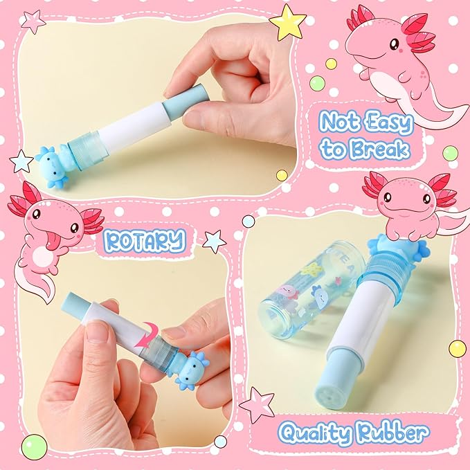 Gersoniel 16 Pcs Axolotl Retractable Erasers Axolotl Birthday Party Favor Gifts School Classroom Supplies Sliding Retractable Pink Blue Cute Animals Pencil Erasers for Amphibian Lovers Office Home