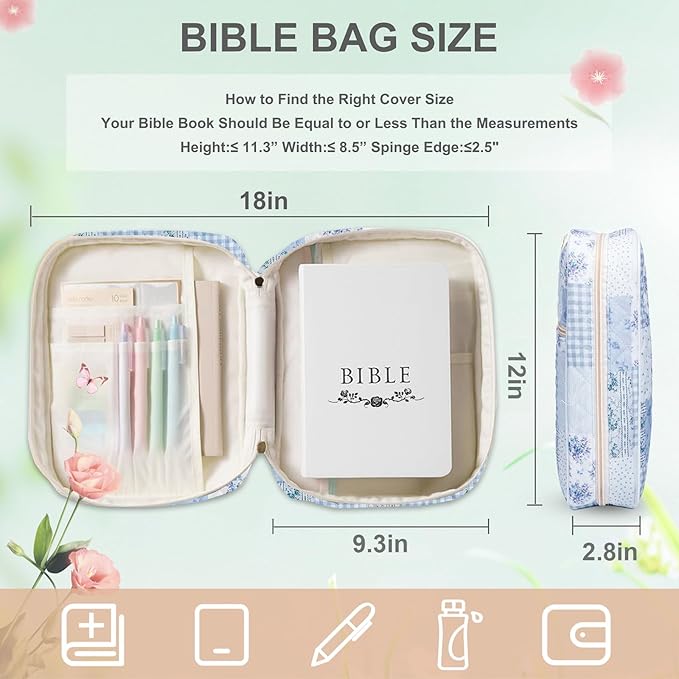 Bible Cover Case for Women, Bible Bags Large Quilted Bible Cover with Bible Study Supplies Accessories Church,Classroom,Campus,Neighborhood Association (Single Blue,M/L)