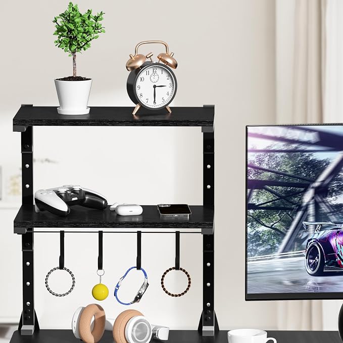 Clamp-on Desk Shelf, 13 inch Above or Below Desk 2-Tier Shelving, Adjustable Metal Storage Tray for Gaming Devices or Office Desk Accessories and More, Black, Patent Pending