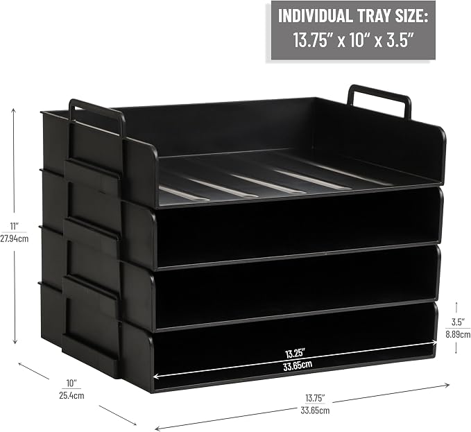 Mind Reader Stackable Paper Tray, Desktop Organizer, File Storage, Office, Plastic, 13.75" L x 10" W x 10.75" H, 4 Pcs., Black